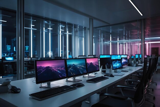 Foto filas de desktops elegantes em um ambiente de escritório de alta tecnologia