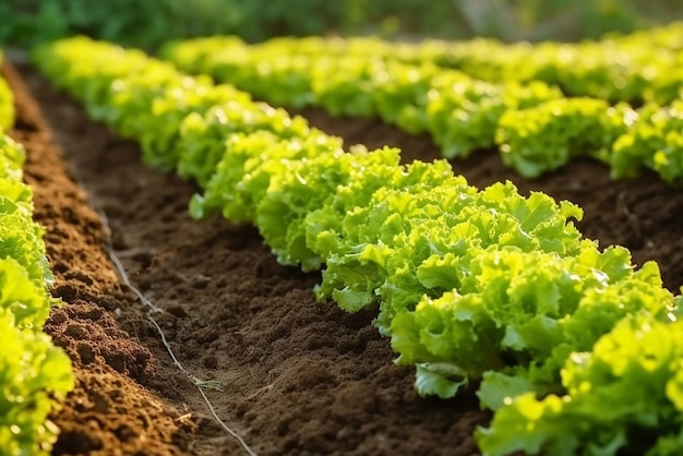 Filas de folhas de salada frescas em um campo agrícola