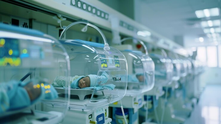 Foto filas de incubadoras com pequenos recém-nascidos estão em uma instalação médica que retrata o cuidado delicado e a tecnologia avançada dedicada à saúde infantil