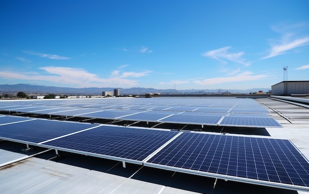 Filas de painéis solares em um telhado com montanhas ao fundo AI