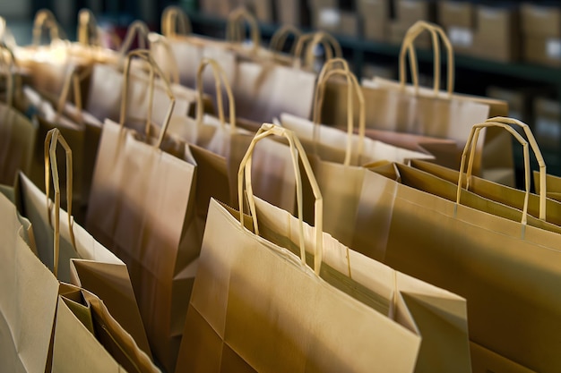Foto filas de sacos de compras de papel castanho com alças
