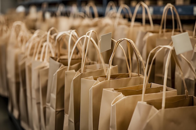 Foto filas de sacos de compras de papel castanho com alças