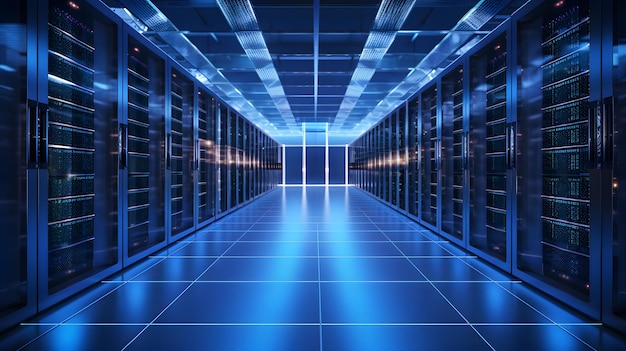 Filas de servidores em um centro de dados iluminados por luzes azuis