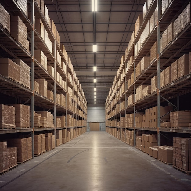 Filas de estantes con cajas de mercancías en el almacén de la industria moderna en la fábrica generativa ai