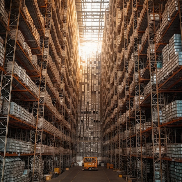 Filas de estantes con cajas de mercancías en el almacén de la industria moderna en la fábrica Generative ai