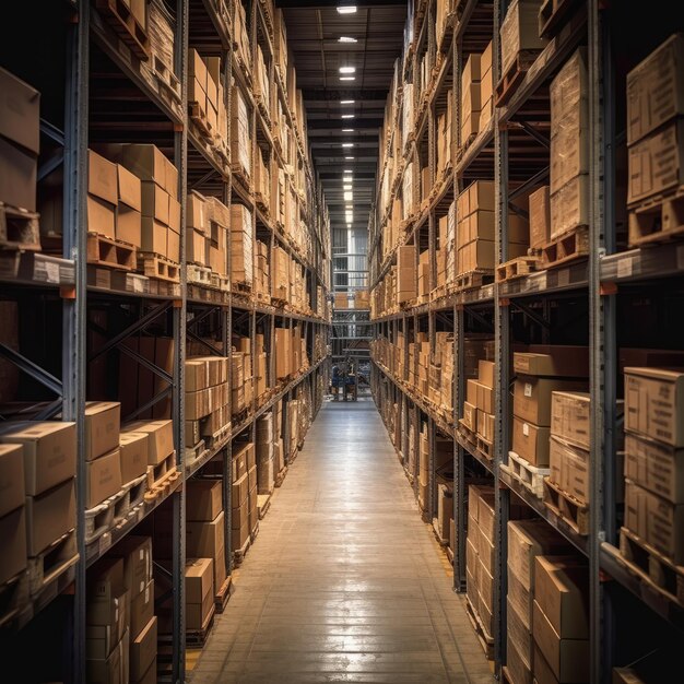 Foto filas de estantes con cajas de mercancías en el almacén de la industria moderna generative ai