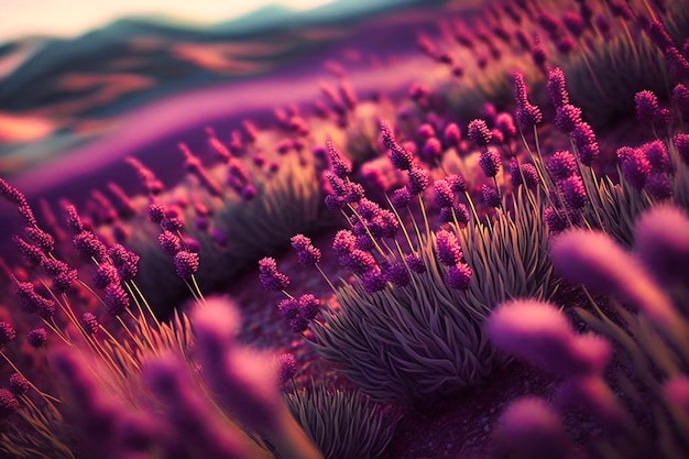 Filas fragantes de flores moradas que se extienden hasta donde alcanza la vista