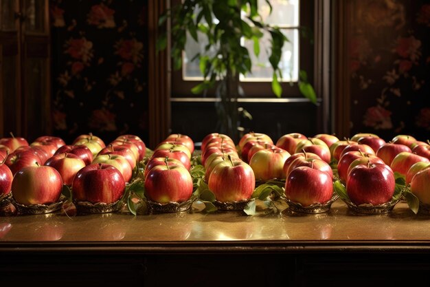 Foto filas hechas a mano de manzanas relucientes sobre una mesa