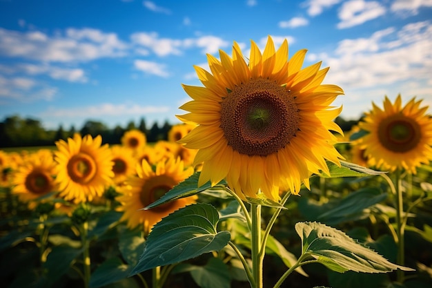 Filas intermináveis de girassóis em flor