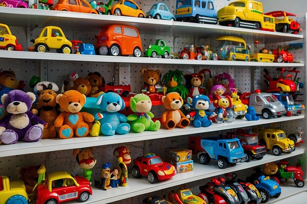 Foto filas de juguetes de automóviles en una sala de exhibición de una tienda infantil