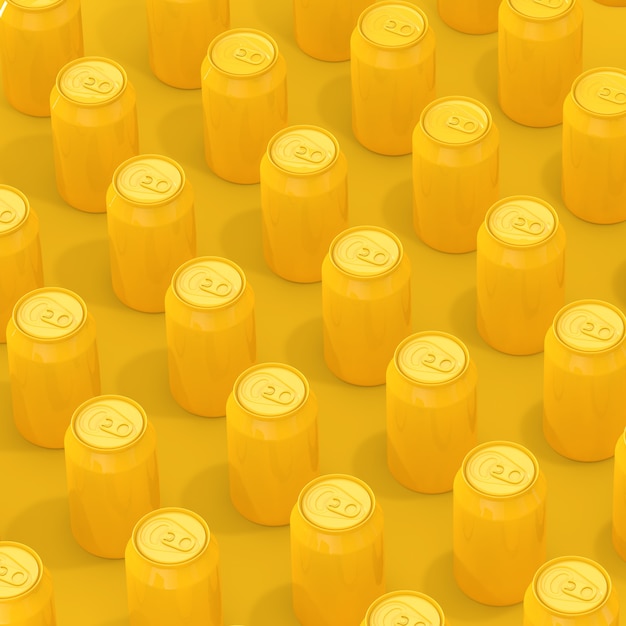 Filas de latas de bebida de aluminio en blanco isométrico amarillo sobre un fondo amarillo. Representación 3D