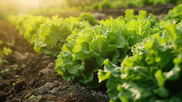 Unas filas de lechuga fresca disfrutando de la cálida luz del sol en una granja