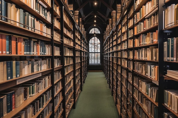 Filas de libros de la biblioteca en los estantes