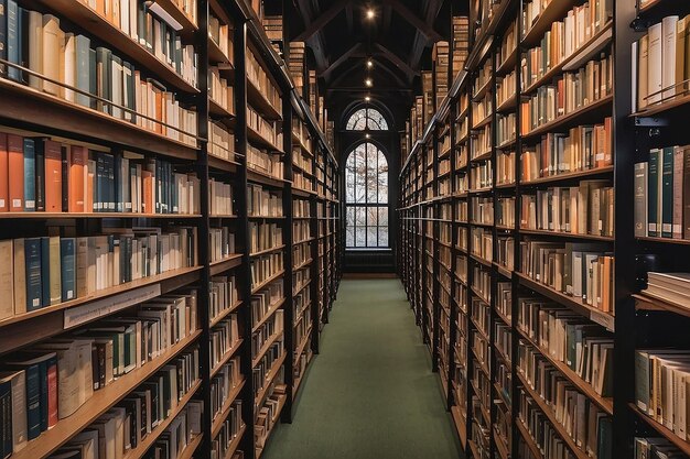 Filas de libros de la biblioteca en los estantes