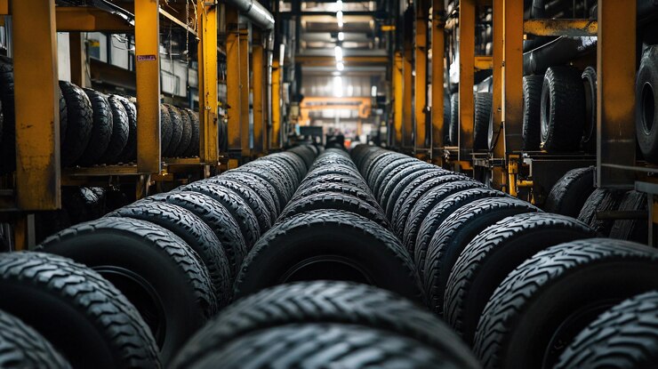 Filas de neumáticos esperando en un gran almacén industrial