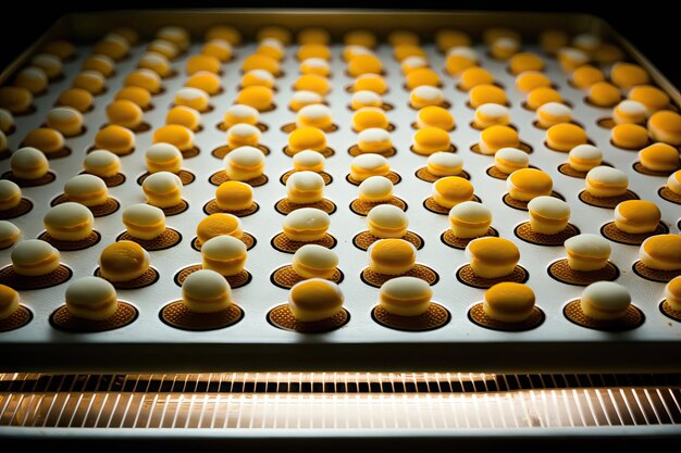 Filas de pastelitos horneados y secados al horno en una bandeja para hornear