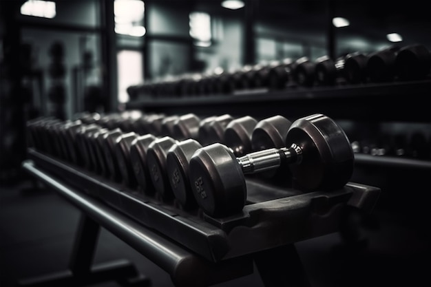 Filas de pesas en el gimnasio Primer plano de equipos modernos de pesas en el gimnasio deportivo equipo de gimnasio