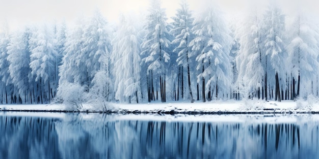 Filas de pinos en la nieve en el borde del lago Paisaje invernal sereno IA generativa