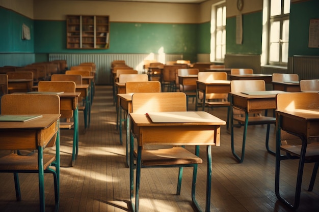 Filas en el piso de madera en el área rural paredes verdes imagen interior del aula vintage Generativo ai