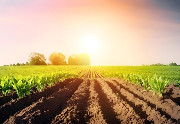 Filas de plantas jóvenes en crecimiento en el campo concepto de agricultura ecológica IA generativa