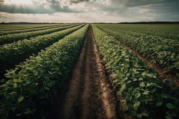 Filas de plantas de soja en un campo de agricultores cultivados