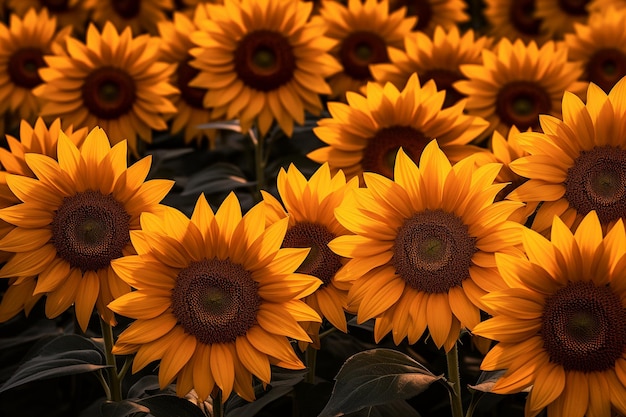 Las filas radiantes de girasoles organizados