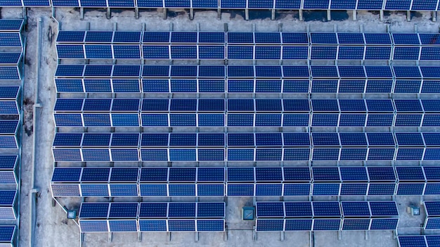 Filas rectas de paneles solares fotovoltaicos azules montados en el techo del edificio Producción ecológica de energía renovable Vista superior