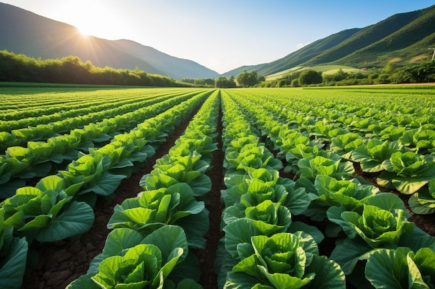 Filas de repollo verde en un gran campo agrícola con montañas en la distancia