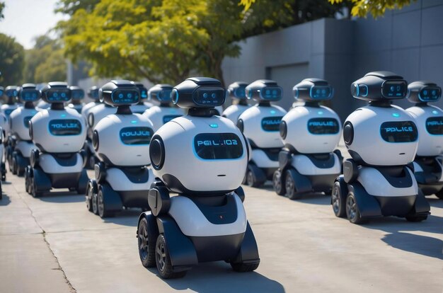 Foto filas de robots de ia encargados de ser la policía alineados en el patio de la oficina por la mañana generative ai