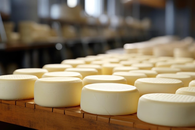 Filas de ruedas de queso en el almacén de la fábrica.