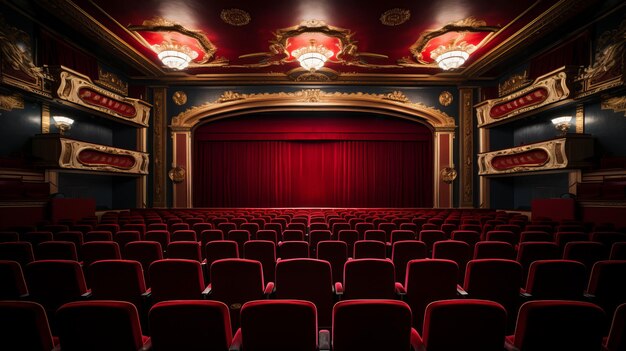 Foto filas de sillas de teatro vacías en un auditorio desierto con un ambiente tranquilo y una iluminación suave