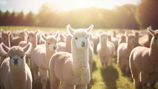 Filas sobre filas de alpacas fofinhos e lamas majestosos pastando nos campos ensolarados de uma considerável