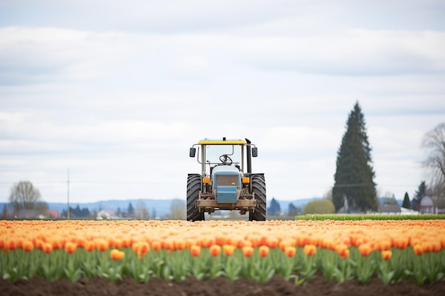 Filas de tulipanes con un tractor en el fondo