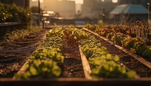 Filas verdes de verduras orgánicas a la luz del sol generadas por IA