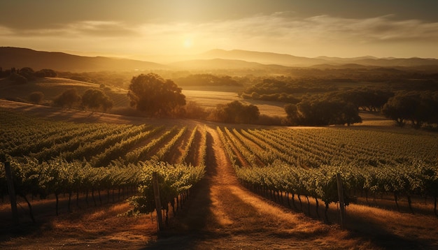 Filas de vides disfrutan de la tranquila luz del sol generada por IA