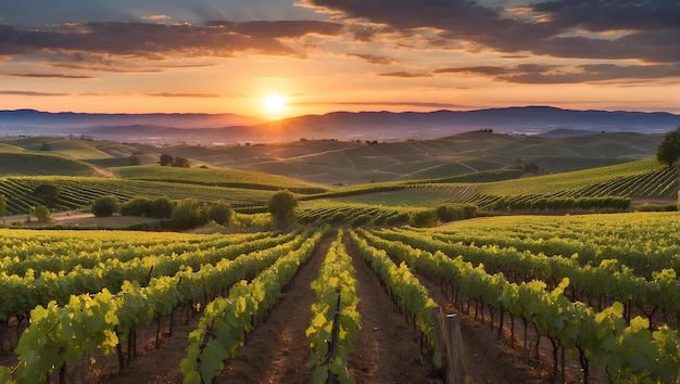 Foto las filas de viñedos al atardecer con colinas en el fondo