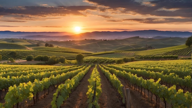 Las filas de viñedos al atardecer con colinas en el fondo