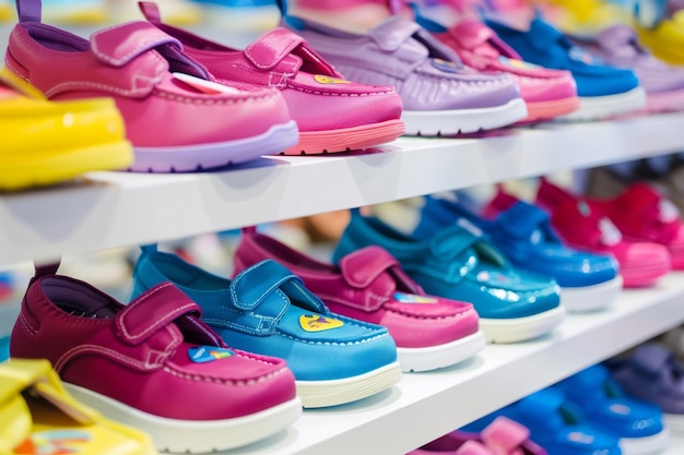 Filas de zapatos coloridos para niños en estantes blancos