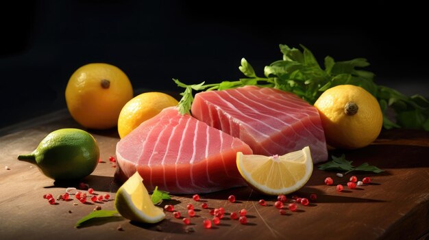 Filé de bacalhau de atum fresco com limão e legumes Generative Ai
