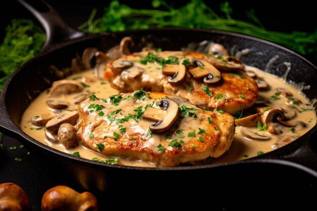 Filé de frango com cogumelos em molho cremoso sobre fundo preto