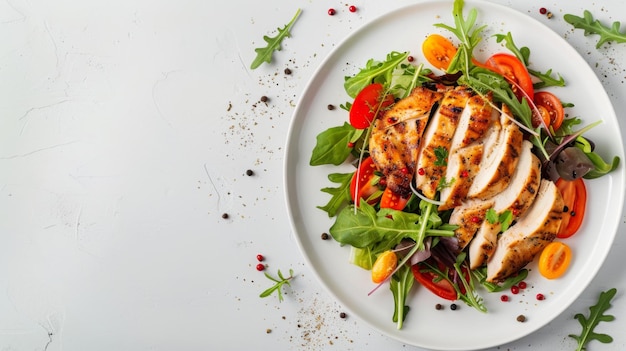 Filé de frango com salada Alimentação saudável dieta keto dieta conceito de almoço Vista superior em fundo branco