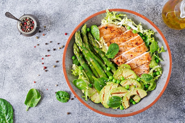 Filé de frango cozido em uma grelha com uma guarnição de aspargos e avokado grelhado. Menu dietético. Comida saudável. Postura plana. Vista do topo