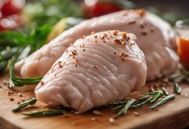 Foto filé de frango cru com especiarias e ervas na tábua de madeira