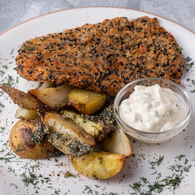 Filé de frango em crosta de gergelim com segmentos de batata