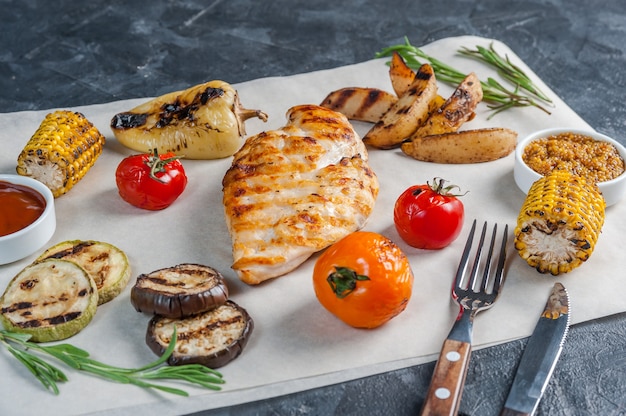 Filé de frango frito e legumes grelhados, jantar delicioso churrasco