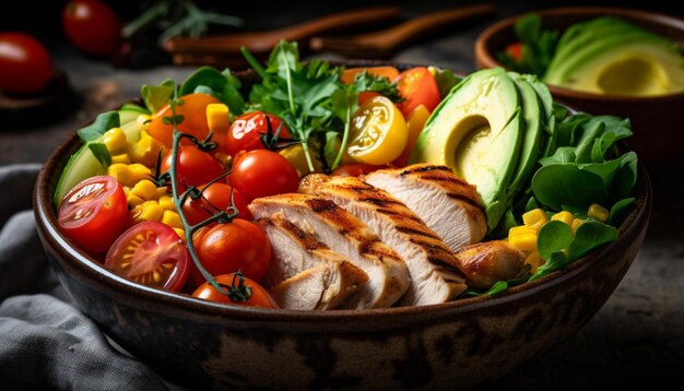 Filé de frango grelhado com salada de tomate fresco gerada por IA