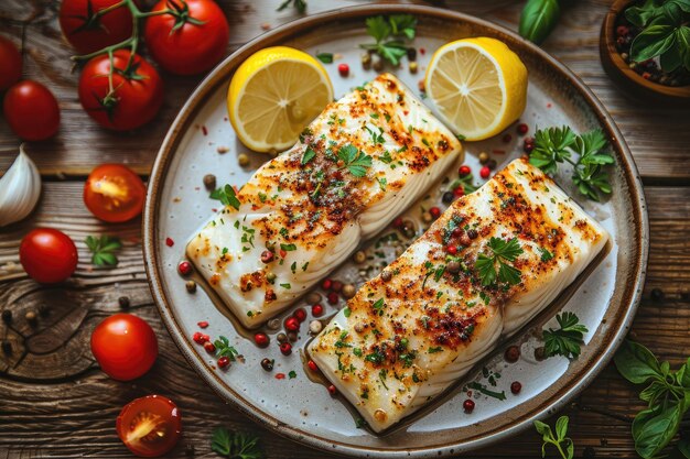 Filé de halibut assado no prato da mesa da cozinha fotografia profissional de publicidade de alimentos