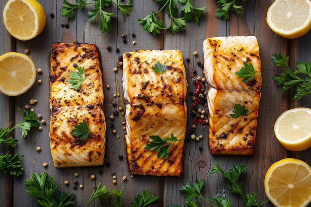 Filé de halibut assado no prato da mesa da cozinha fotografia profissional de publicidade de alimentos