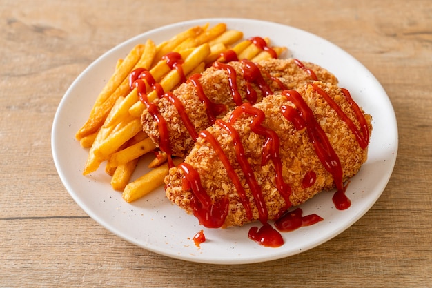 Filé de peito de frango frito com batata frita e ketchup