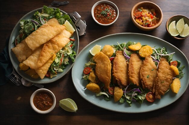 Foto filé de peixe frito com salada